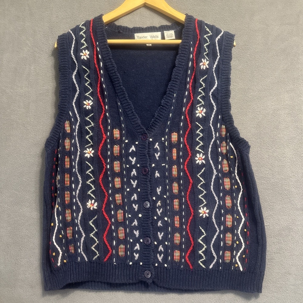 VTG 90s Baxter & Wells Sweater Vest Womens M‎ Blue Craftcore Teacher Grannycore